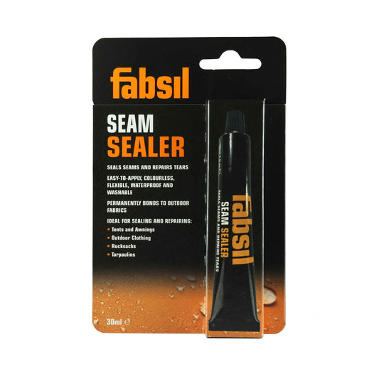 Fabsil Seam Sealer in a white bottle with blue cap, used for waterproofing and sealing seams in outdoor gear and sporting goods.