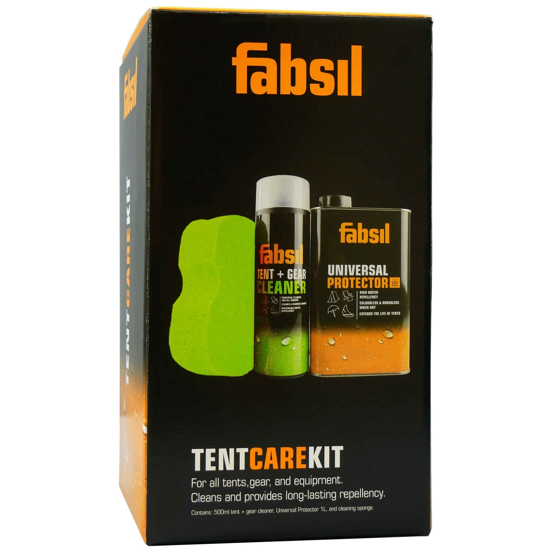 Fabsil Tent Care Kit with cleaning and waterproofing products for outdoor tents, in a compact package suitable for camping gear maintenance.