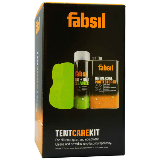 Fabsil Tent Care Kit with cleaning and waterproofing products for outdoor tents, in a compact package suitable for camping gear maintenance.