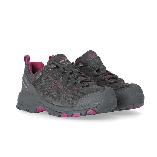 Trespass Women's Scree Waterproof Walking Shoes in black with sturdy soles, ideal for outdoor hiking and trekking adventures.