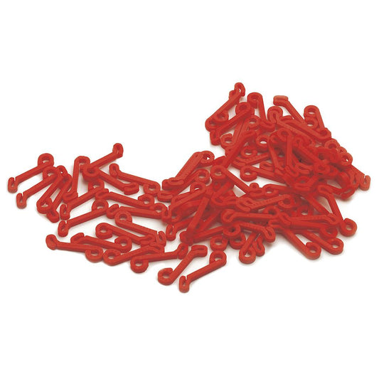 Precision Fastclips Goal Net Clips pack of 80 for securing soccer goal nets, shown attached to a goal frame.