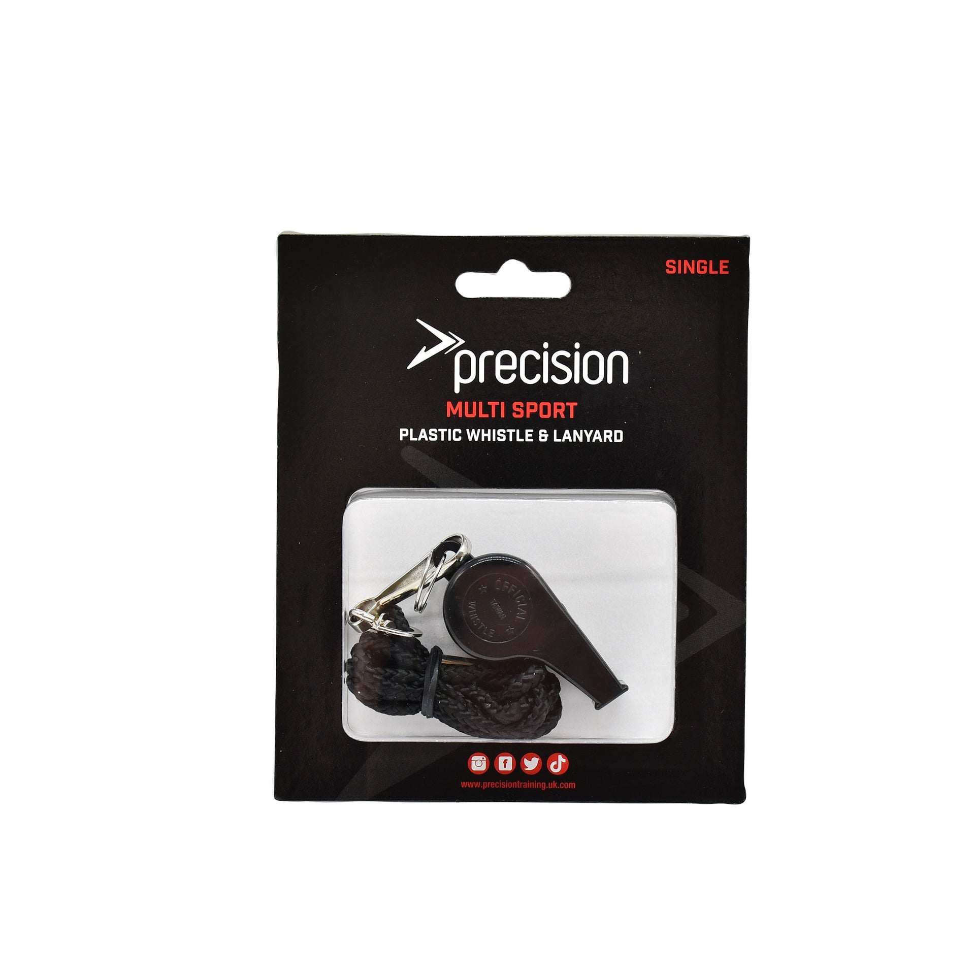 Precision plastic coaches and referees whistle with lanyard, featuring a durable design for sports officiating and coaching.
