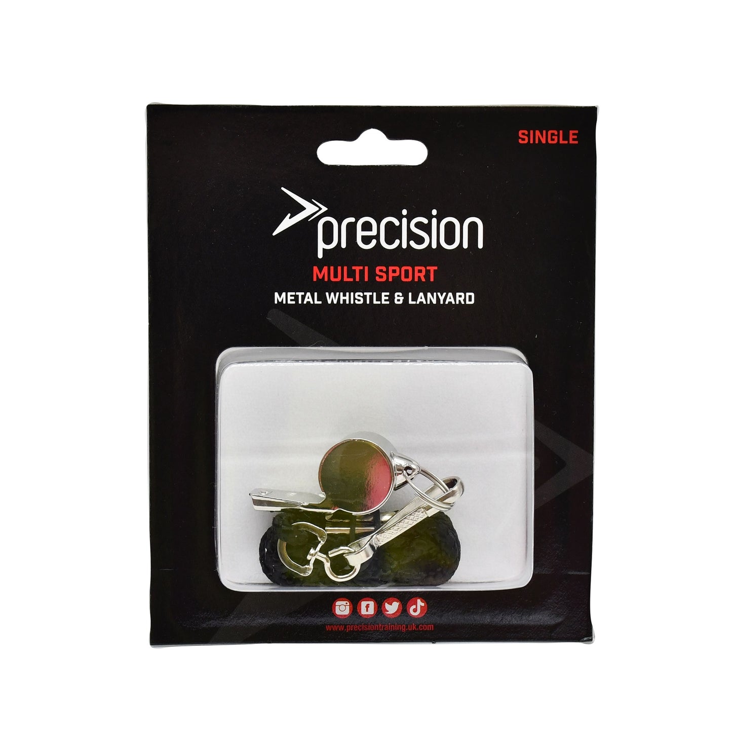 Metal coaches and referees whistle with lanyard by Precision, featuring a sturdy design for sports officiating and coaching.