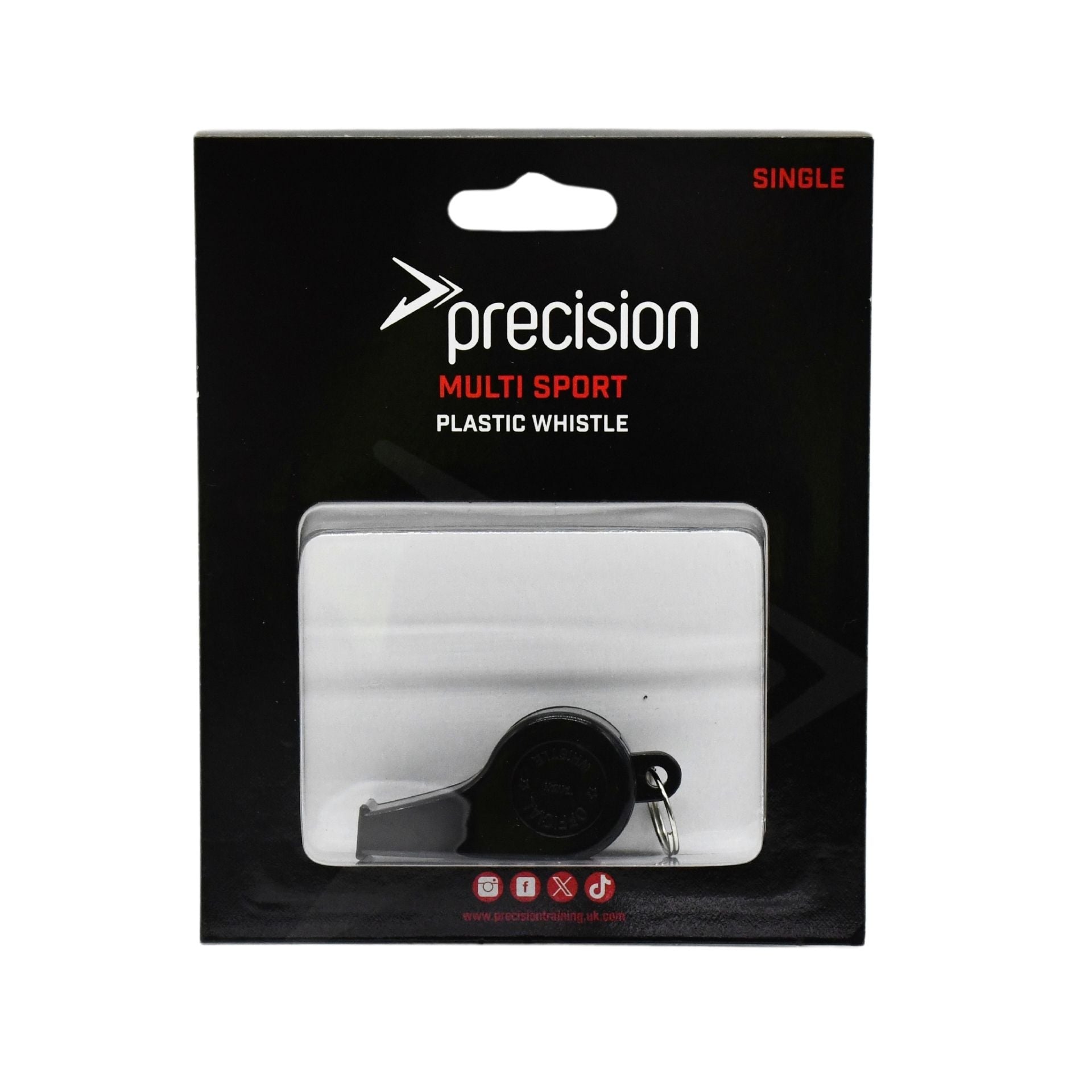 Plastic coaches and referees whistle by Precision, showing a bright yellow and black design with a lanyard for sports officiating.