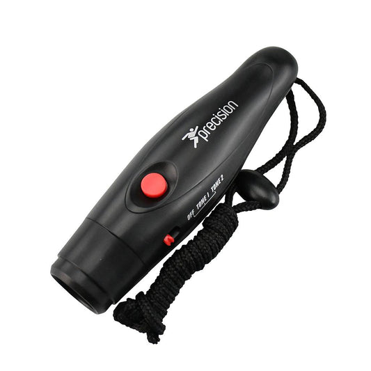 Precision electronic whistle with a sleek black design, featuring a digital display and metal mouthpiece for clear sound.