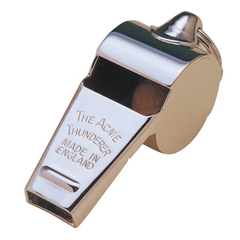 Large Acme Thunderer metal whistle with deep, powerful sound, showcasing its shiny silver finish and sturdy design.