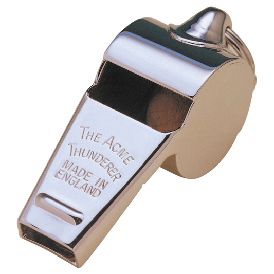 Small Acme Thunderer metal whistle with high-pitched sound, featuring a silver finish and compact design for coaching or training.