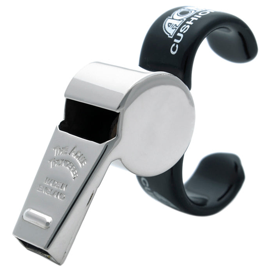 Acme Thunderer brass finger whistle for sports referees, featuring a compact design and metal construction, on a white background.