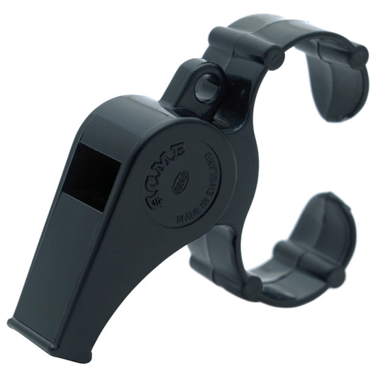 Black plastic Acme Thunderer finger safety whistle, compact and lightweight, with a built-in clip for easy carrying and quick use.
