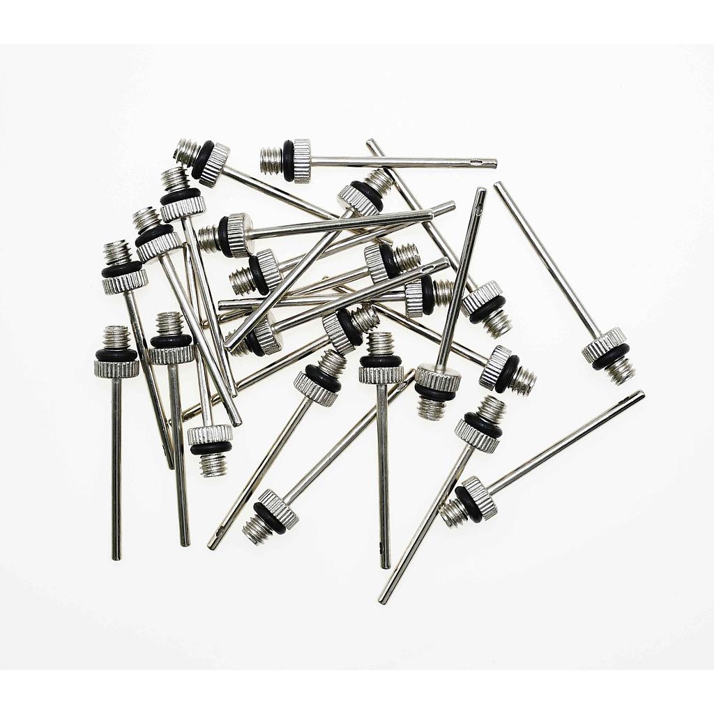 Set of 24 Precision Thin Needle Adaptors for sporting goods, shown in a clear bag with individual adaptors visible.