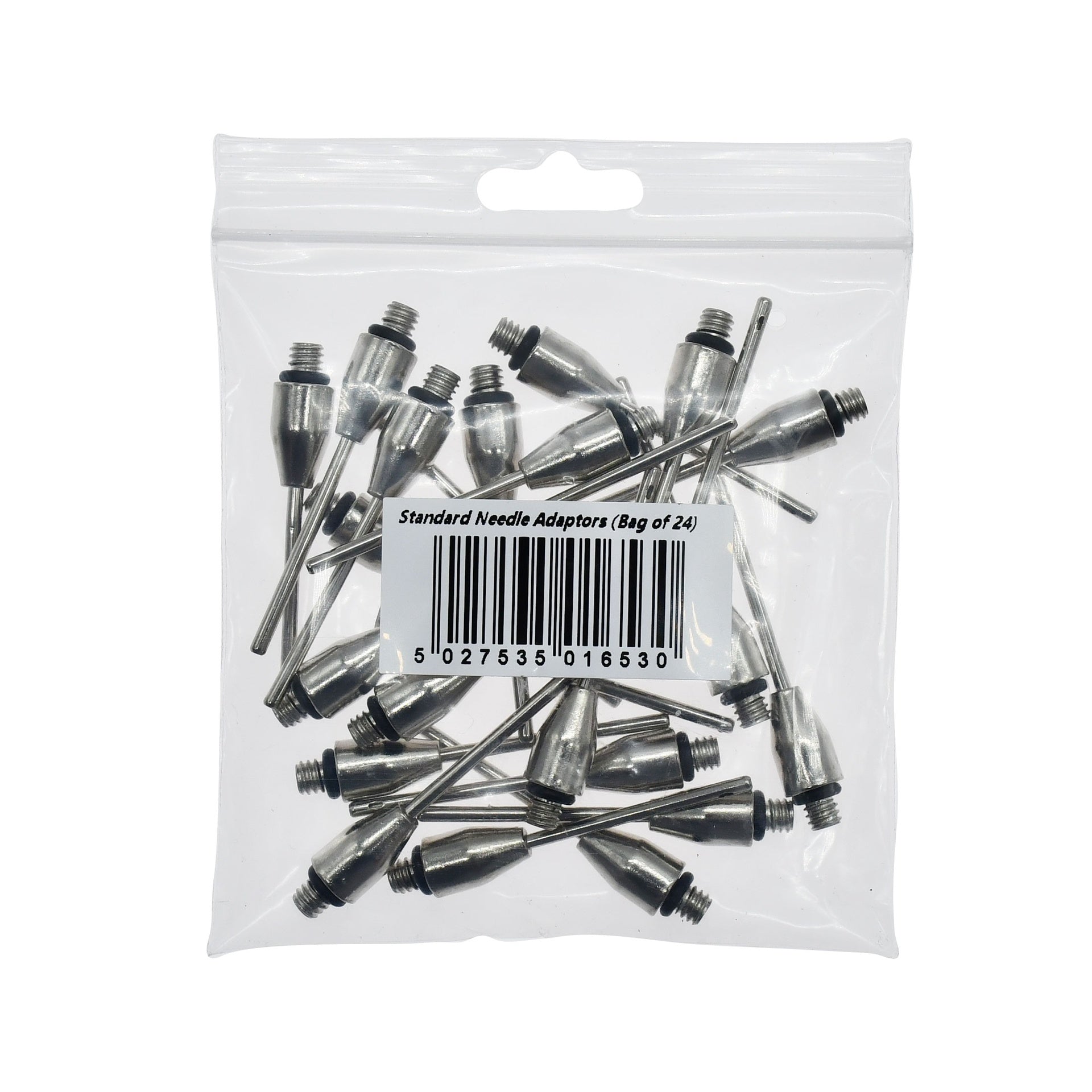 Set of 24 Precision Standard Needle Adaptors for sporting goods, shown in a clear image with individual adaptors visible.