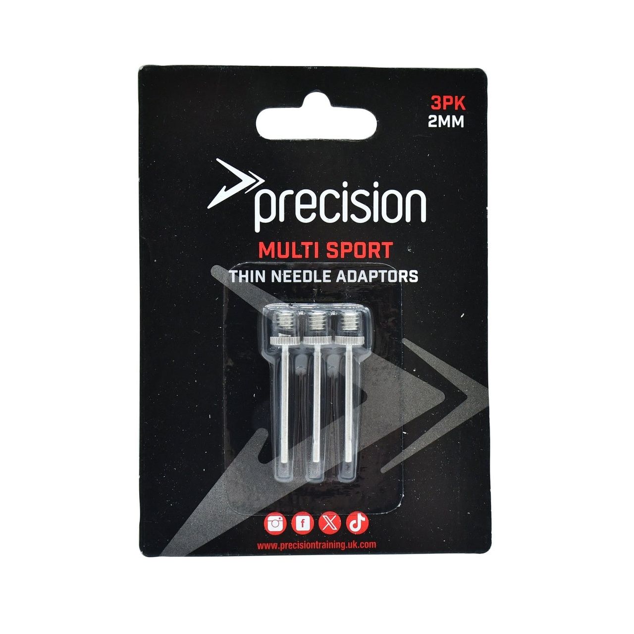 Three Precision Thin Needle Adaptors for sporting goods, shown in a close-up image with a sleek black design.