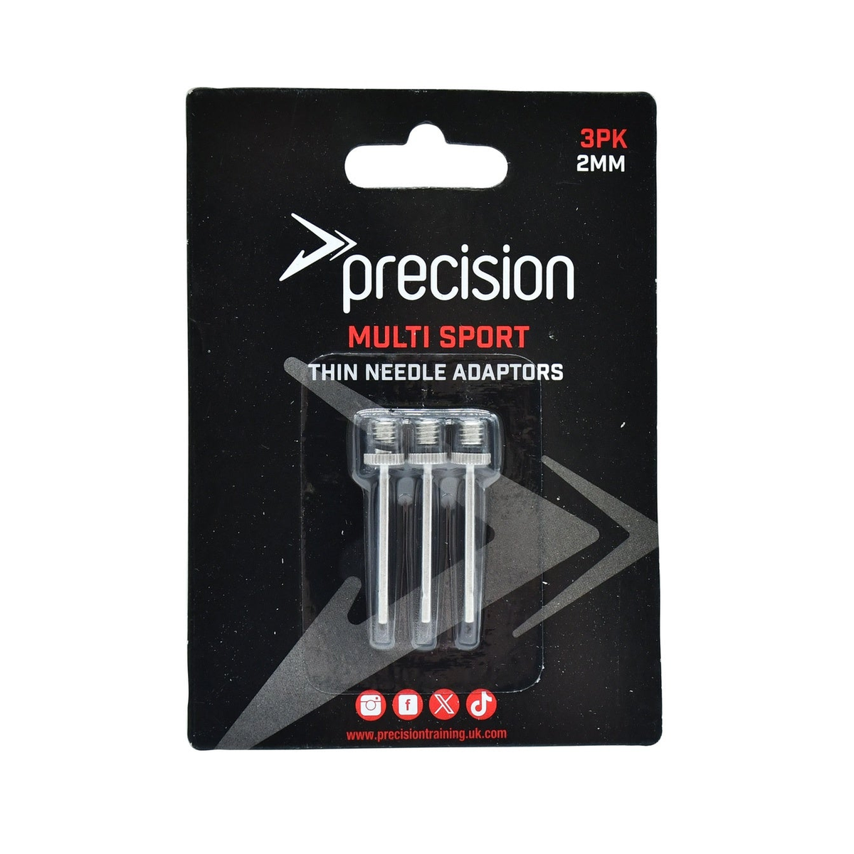 Set of three Precision Thin Needle Adaptors for sporting goods, showing the sleek, slender adaptors with detailed tips.