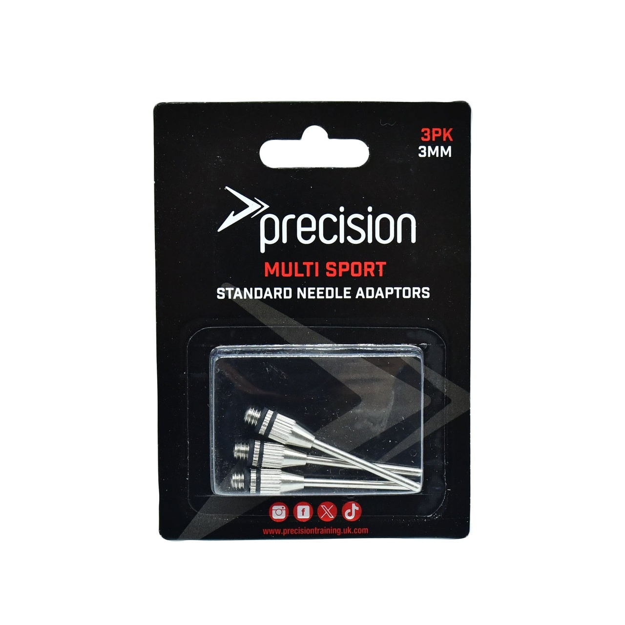 Set of three Precision Standard Needle Adaptors for sporting goods, with metal tips and durable plastic bodies.