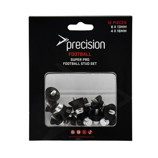 Precision Super Pro Football Stud Sets for sports, featuring metal and rubber football cleats on a plain background.