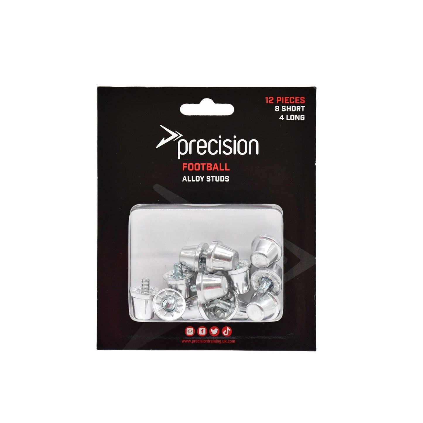 Precision Alloy Football Studs set of 12, including 8x13mm and 4x16mm spikes for sports footwear.