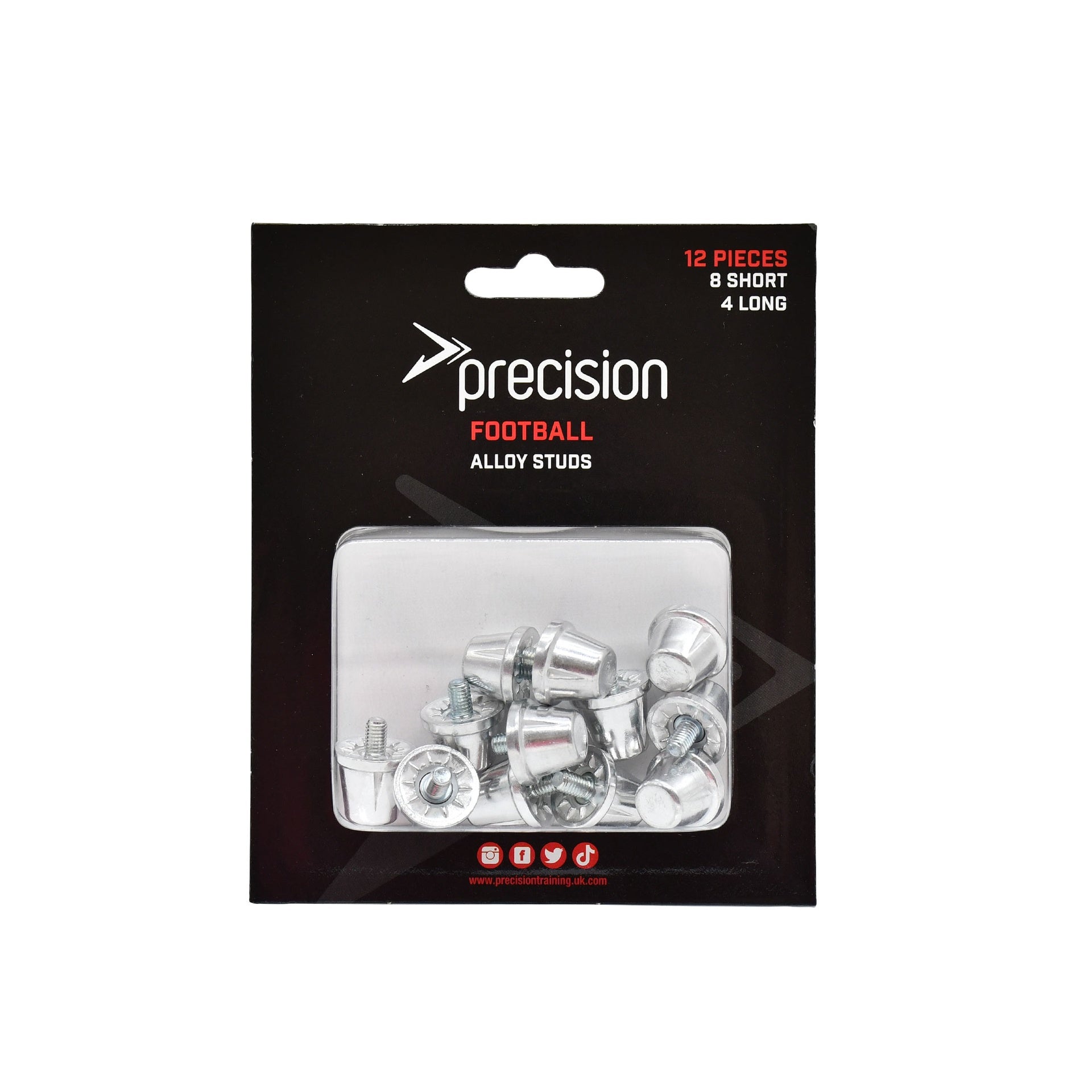 Precision Alloy Football Studs set of 12, including 8x13mm and 4x16mm spikes for sports footwear.