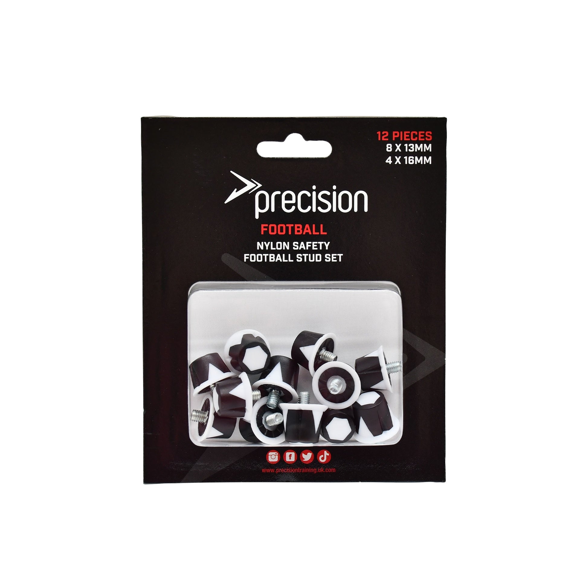 Precision Nylon Safety Football Studs set with 12 black studs, including 8x13mm and 4x16mm sizes, for secure grip on the field.
