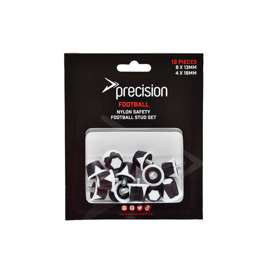 Precision nylon safety football studs set with 12 durable black studs, including 8x13mm and 4x16mm sizes, for sporting goods.