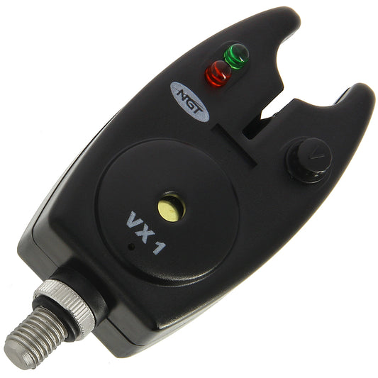 NGT VX1 Bite Alarm with carrying case, compact fishing accessory for indicating bites, in black with control panel and sensor.