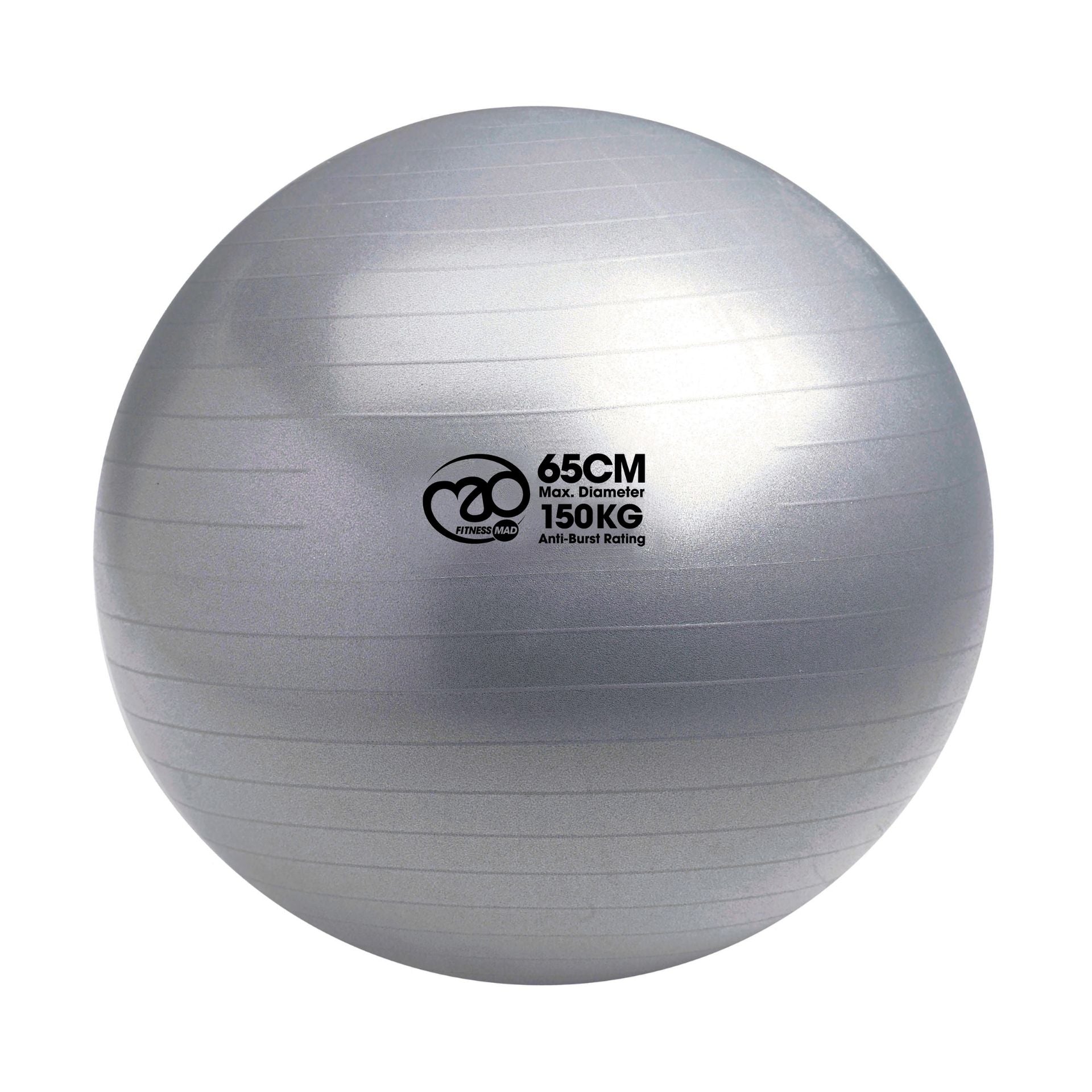 Fitness Mad 150kg anti-burst Swiss ball for fitness and exercise, shown inflated with a textured surface for stability.