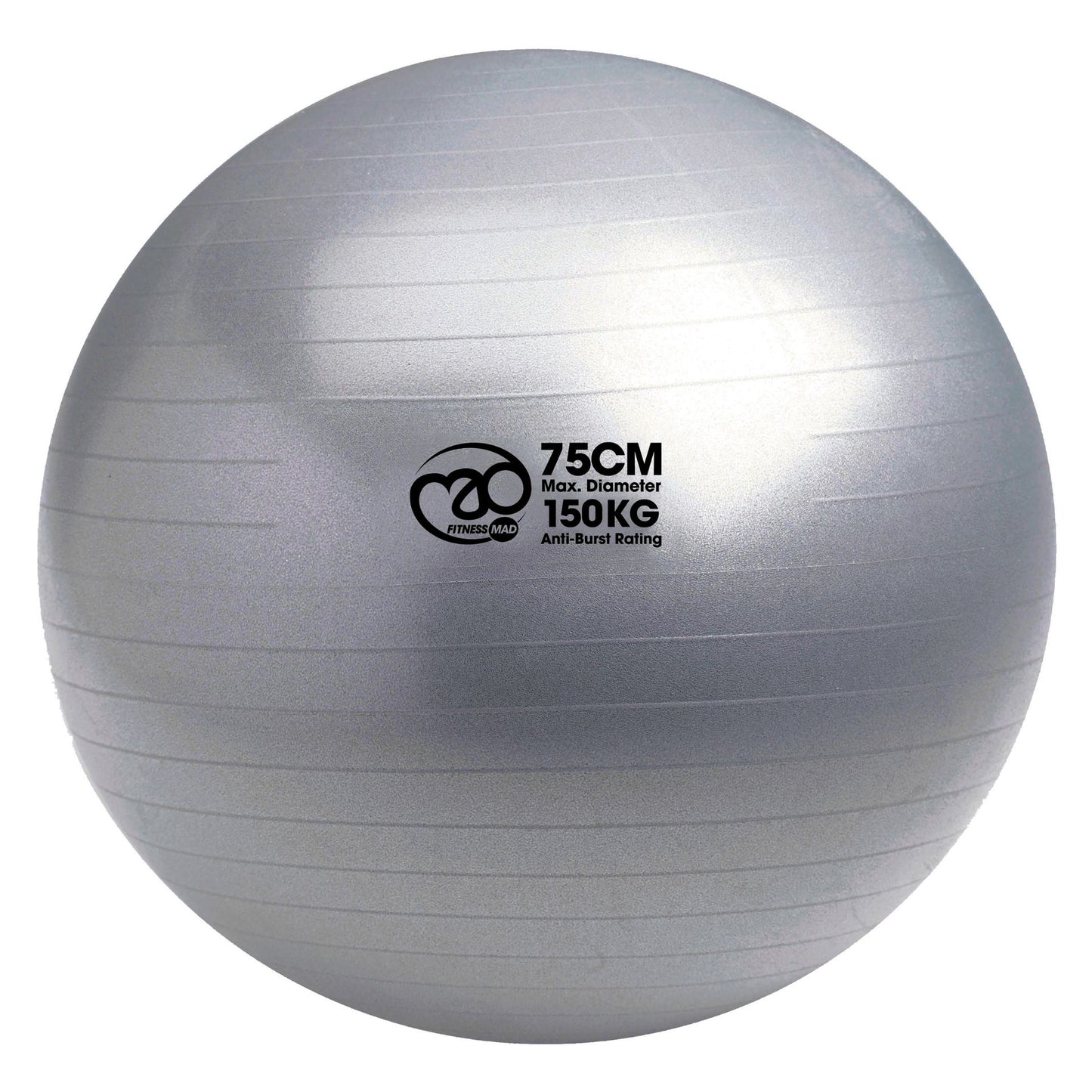 Fitness Mad 150kg anti-burst Swiss ball for fitness and exercise, shown inflated on a gym floor.