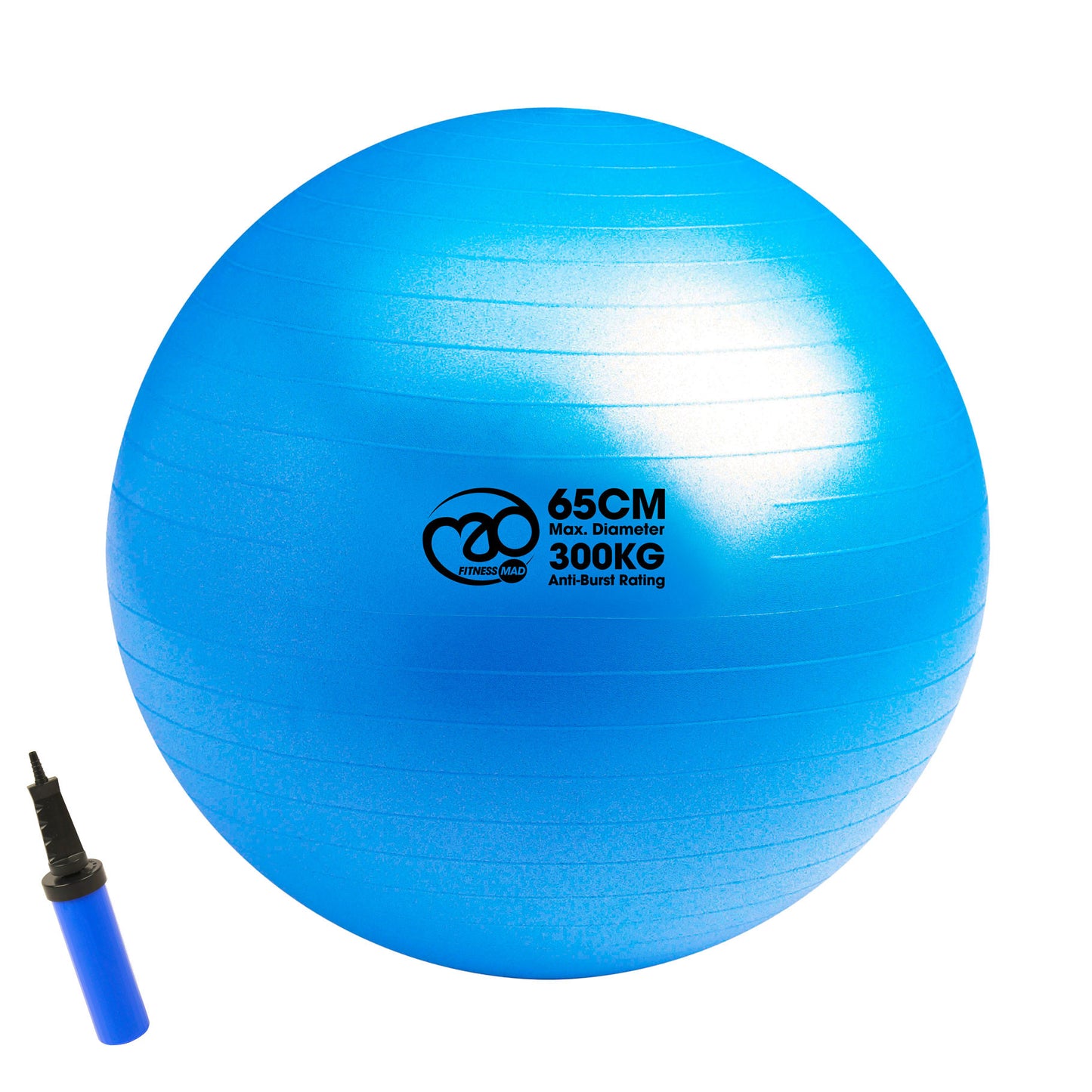 Fitness Mad 300kg anti-burst Swiss ball for fitness and exercise, shown in a vibrant blue color, durable sporting goods equipment.