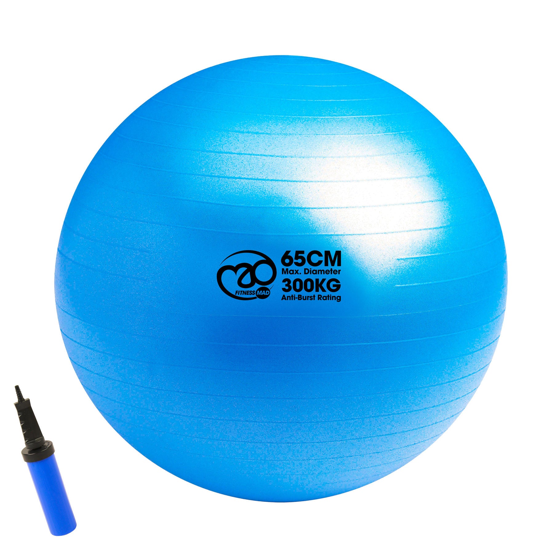 Fitness Mad 300kg anti-burst Swiss ball for fitness and exercise, shown in a vibrant blue color, durable sporting goods equipment.