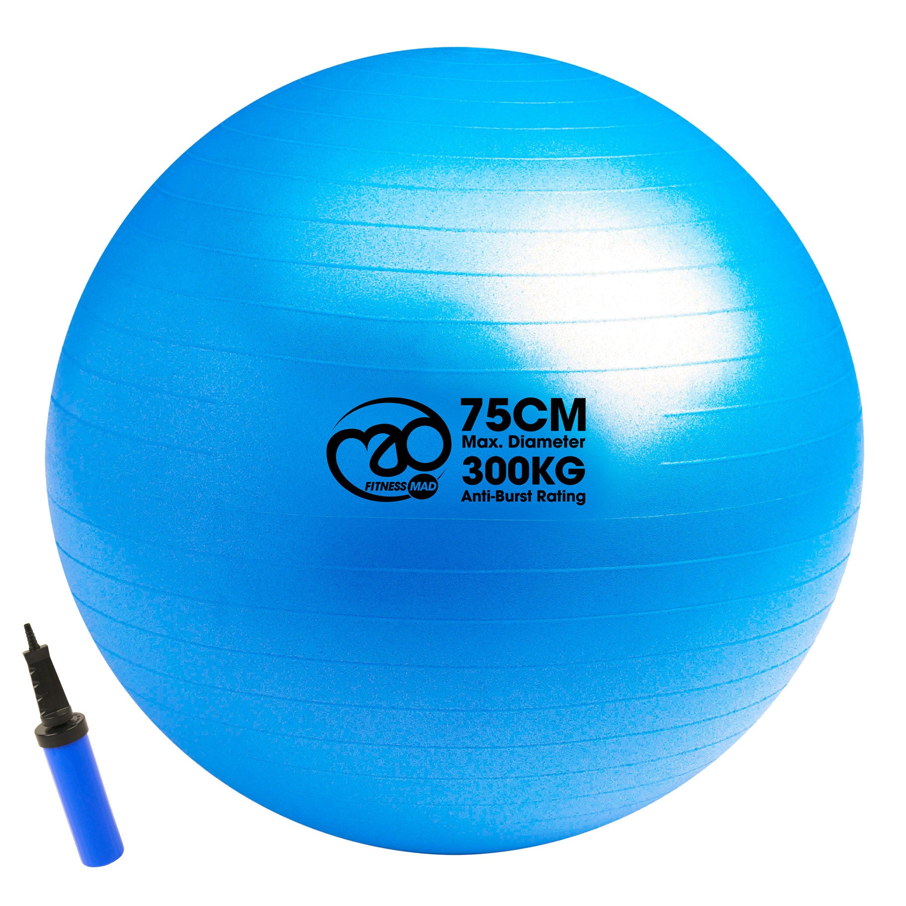 Fitness Mad 300kg anti-burst Swiss ball for fitness and exercise, shown inflated with a textured surface, brand logo visible.