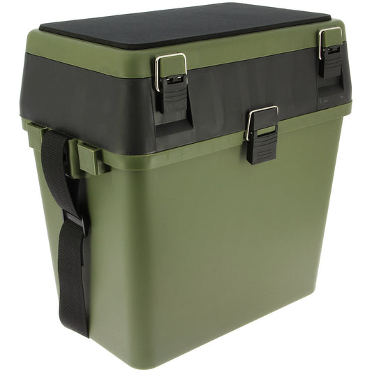 Green NGT Session Seat Box for fishing, featuring sturdy construction and comfortable seating, ideal for outdoor sporting and fishing trips.