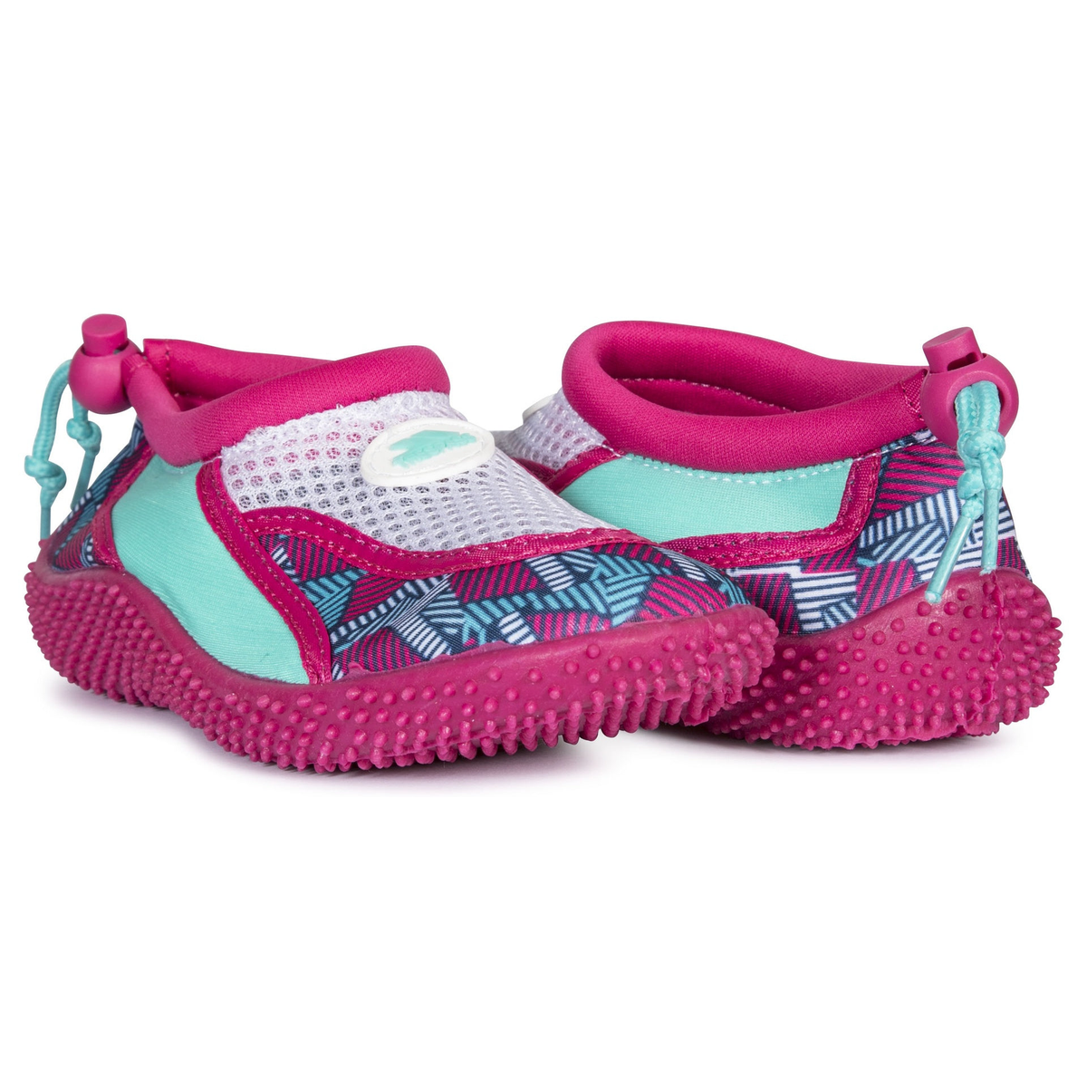 Trespass Squidette kids aqua shoes in blue and black, lightweight water footwear for children, suitable for swimming and beach activities.
