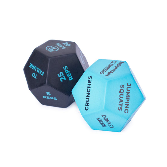Fitness-Mad 12-sided fitness dice for workout routines, showing colorful numbered sides in a sporting goods setting.