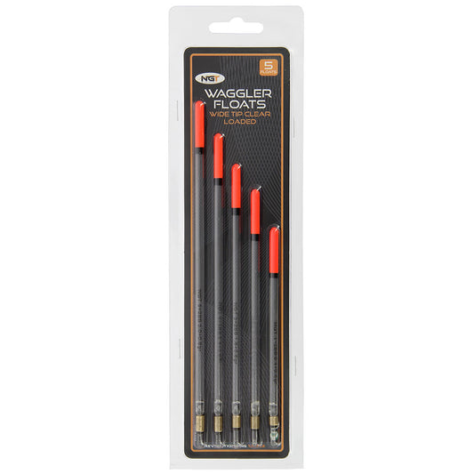 Pack of five NGT Loaded Waggler Floats for fishing, featuring wide load design, ideal for sporting goods and fishing enthusiasts.