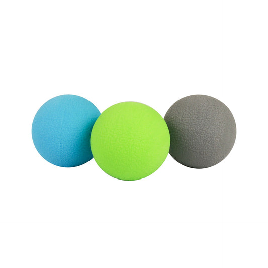Set of three Fitness-Mad hand therapy balls for grip strength and hand exercise, shown in various squeezed positions.