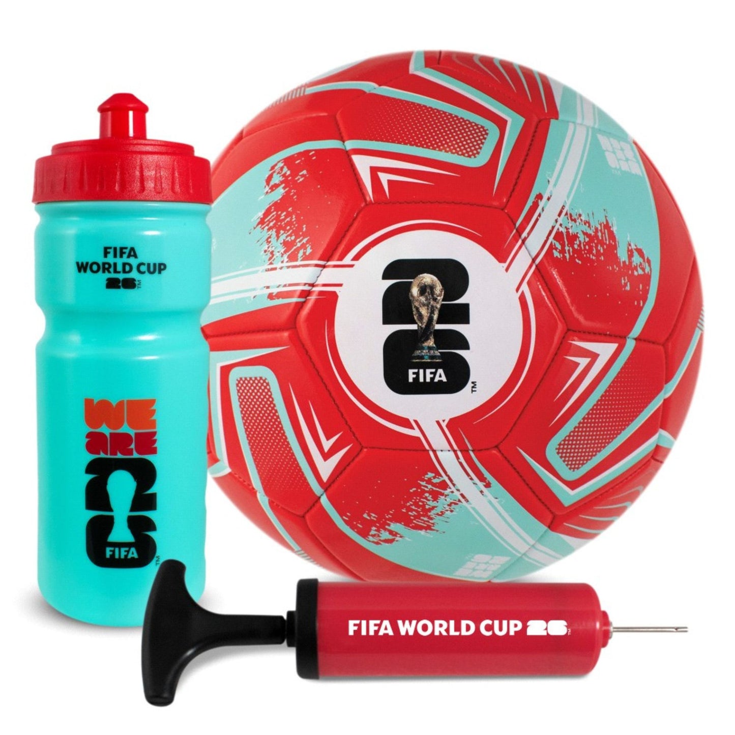 Team Merchandise FWC26 football gift set with a soccer ball, water bottle, and team scarf for sports fans.