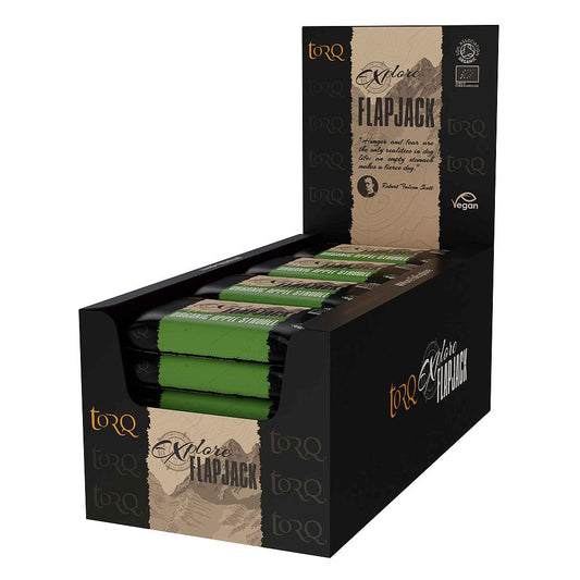 Box of 20 Torq Explore Flapjack energy bars, with colorful packaging, ideal for sports and outdoor activities.