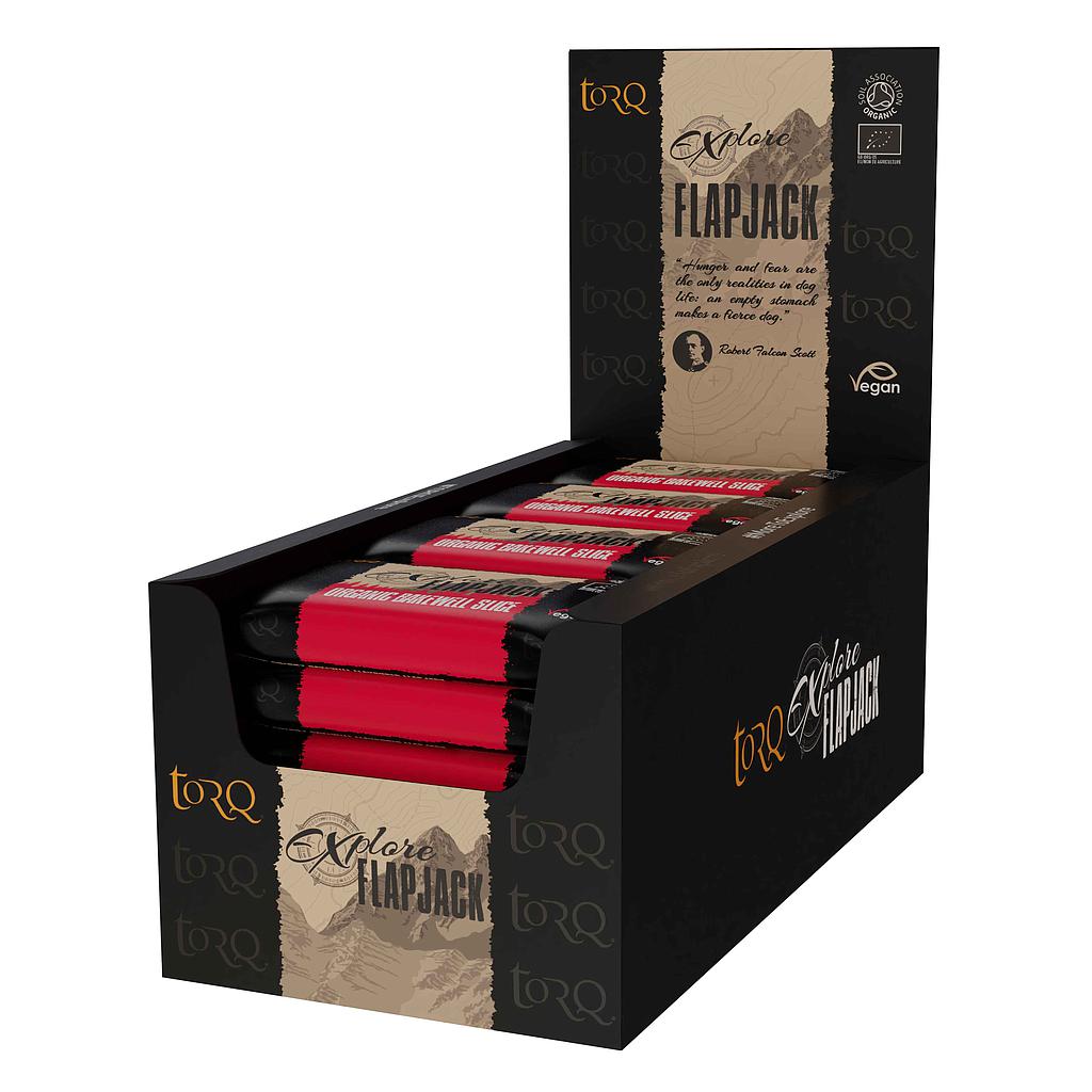 Box of 20 Torq Explore Flapjack energy bars, sporting goods snack with natural ingredients and convenient packaging.