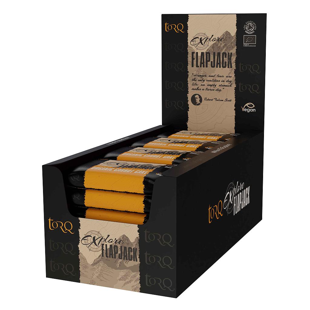 Box of 20 Torq Explore Flapjack energy bars, sporting goods snack with oat and fruit ingredients, ideal for active lifestyles.