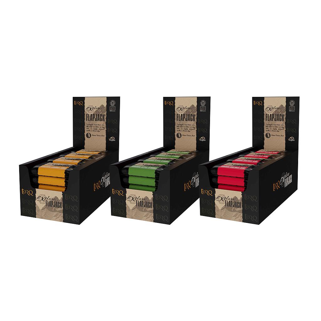 Box of 20 Torq Explore Flapjack energy bars, soft and chewy snack bars with branding and packaging visible.
