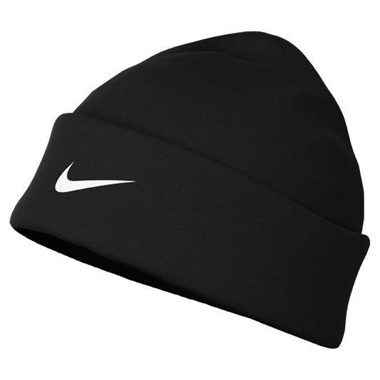 Nike Peak Beanie winter training hat in black with Nike logo, made of warm, stretchy fabric for outdoor sports and cold weather.