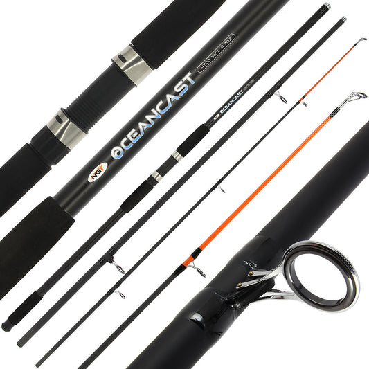 NGT Oceancast 14ft beachcaster rod, 3-piece composite fishing rod for surf fishing, displayed with guides and handle details.