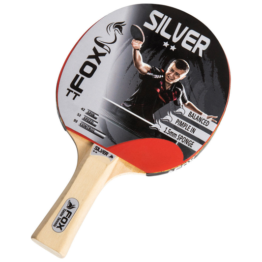 Fox TT Silver 2 Star Table Tennis Bat with black and red rubber, lightweight wooden handle, designed for competitive play.