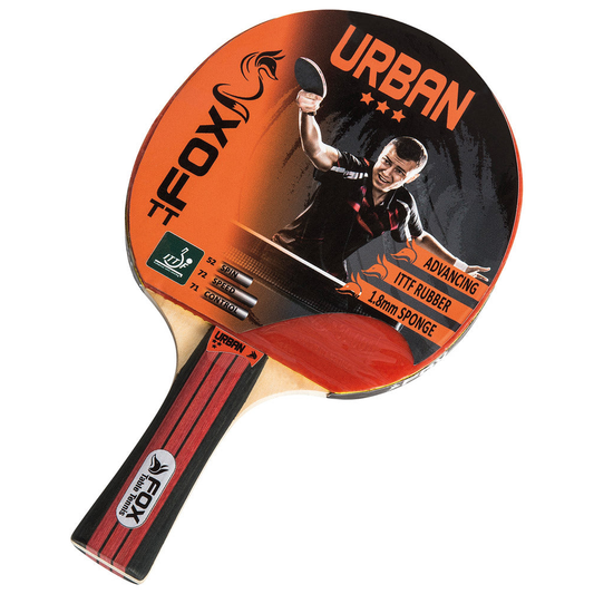Fox TT Urban 3 Star table tennis bat with black handle and rubber surface, designed for competitive table tennis play.