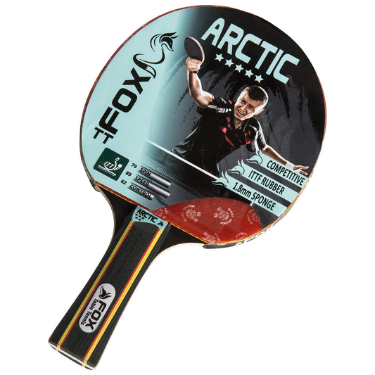 Fox TT Arctic 5 Star Table Tennis Bat, sporting goods, showing the rubber surface and wooden handle for professional play.