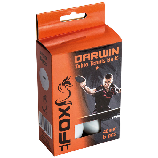 Six Fox TT Darwin 1 Star table tennis balls in a pack, white, standard size, and designed for recreational or competitive play.