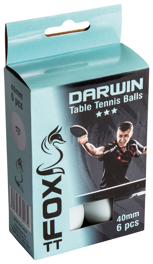 Six Fox TT Darwin 3 Star Table Tennis Balls arranged in a pack, showcasing the high-quality sporting goods for table tennis games.