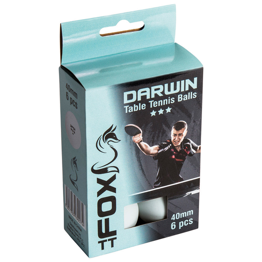Six Fox TT Darwin 3 Star Table Tennis Balls in a pack, designed for competitive table tennis play and training.