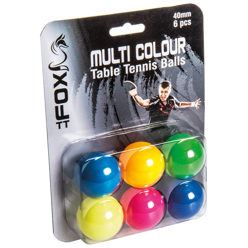 Six colorful Fox TT Coloured Table Tennis Balls on a plain background, showcasing bright, vibrant ball colors for sporting goods.