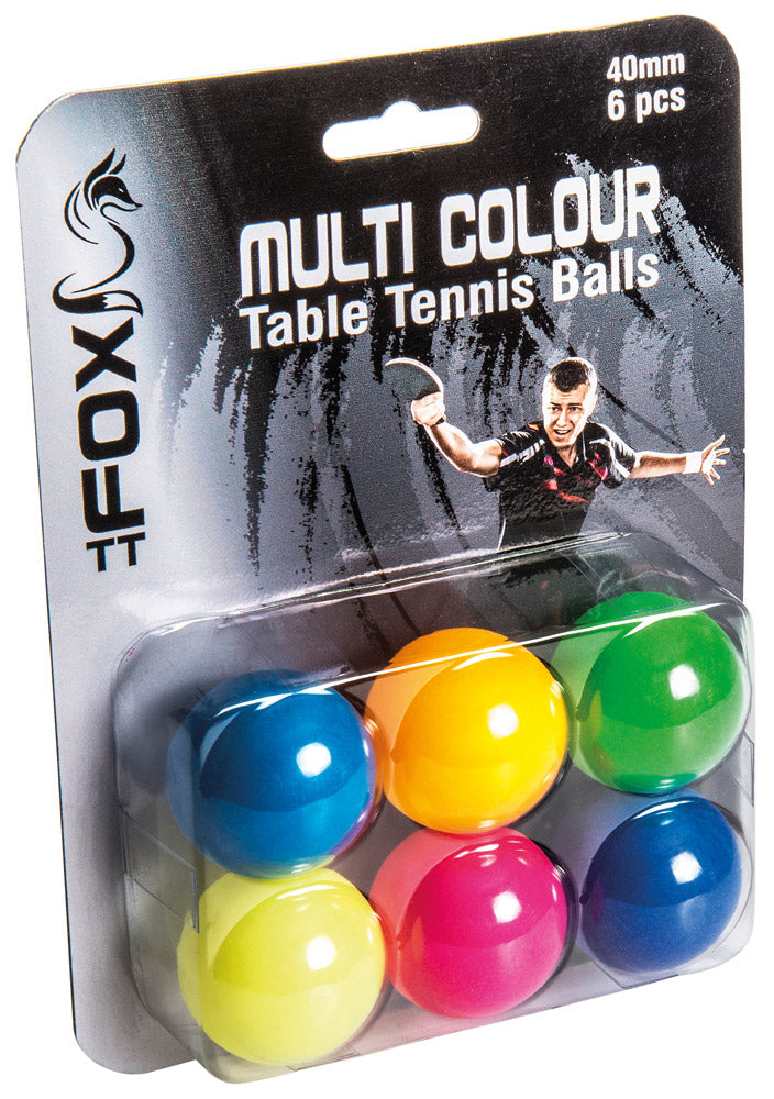 Six colorful Fox TT table tennis balls in a pack, designed for recreational and competitive table tennis games.
