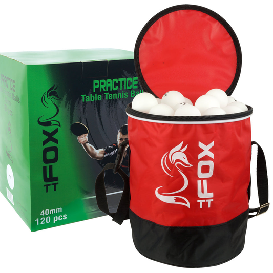 Box of 120 Fox TT Practice Table Tennis Balls with carrying bag, standard size and quality for indoor table tennis training.